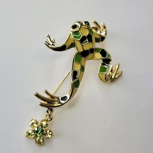 Leaping Enamelled Frog Brooch Pin - Picture 2 of 9